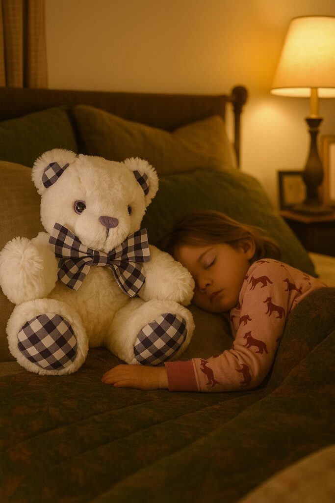 A teddy bear next to a sleeping girl
