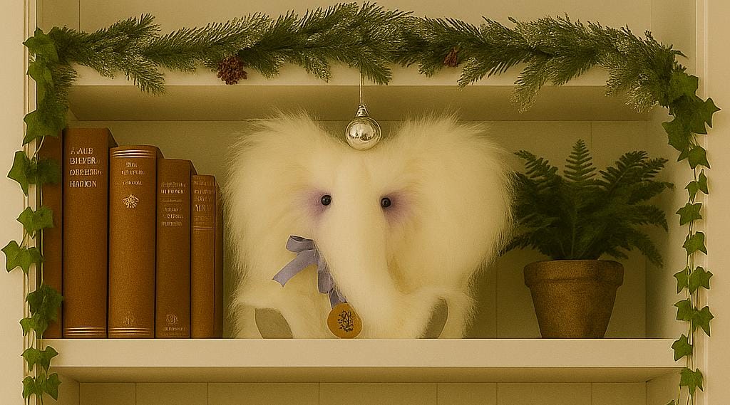 A elephant teddy bear sitting on a book shelf